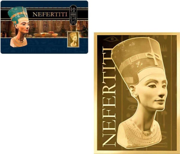 Full product view of 2024 Chad Nefertiti gold coin in GR Reserve assay card featuring Egyptian queen portrait, vertical name inscription, and embedded coin.