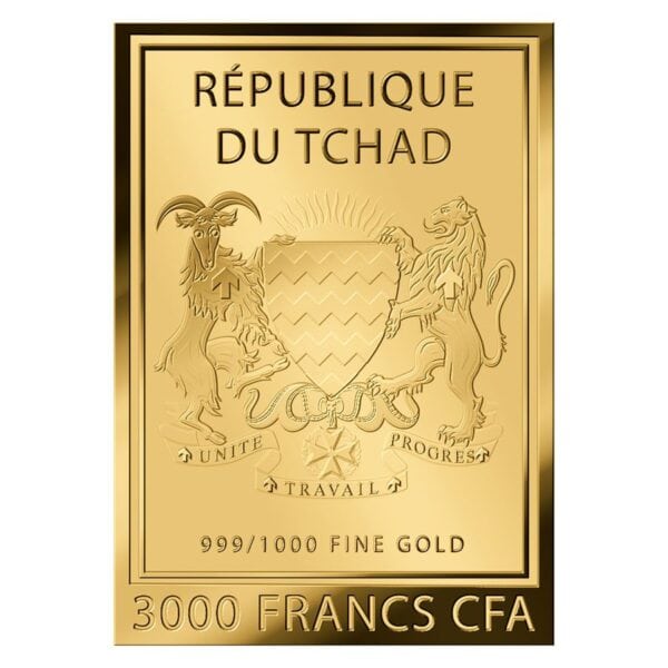Reverse of 2024 Chad Nefertiti gold coin featuring national coat of arms, 999/1000 fine gold marking, and 3000 Francs CFA denomination.