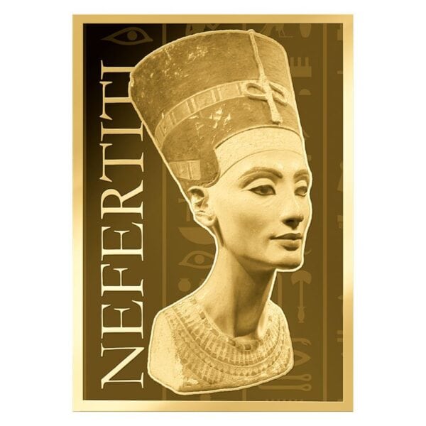Front card view of 2024 Chad Nefertiti gold coin featuring Egyptian queen illustration, hieroglyphic background, and embedded coin.