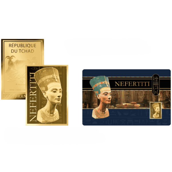 Front and back view of 2024 Chad Nefertiti gold coin in GR Reserve assay card featuring Egyptian queen portrait, hieroglyphic design, and embedded coin with national emblem.