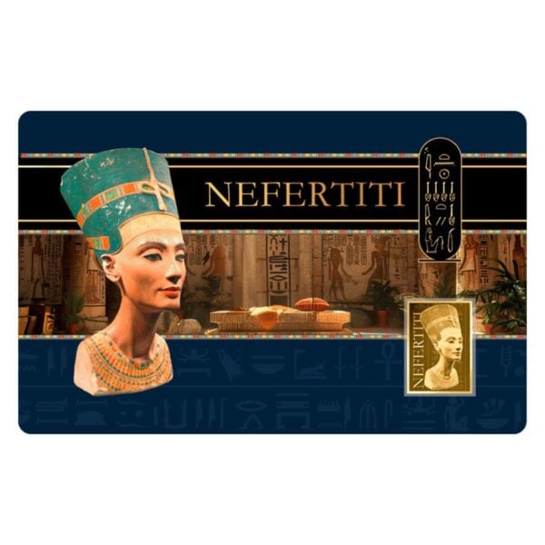 Front card view of 2024 Chad Nefertiti gold coin featuring stylized Egyptian queen portrait, hieroglyphic background, and embedded coin with vertical name inscription.