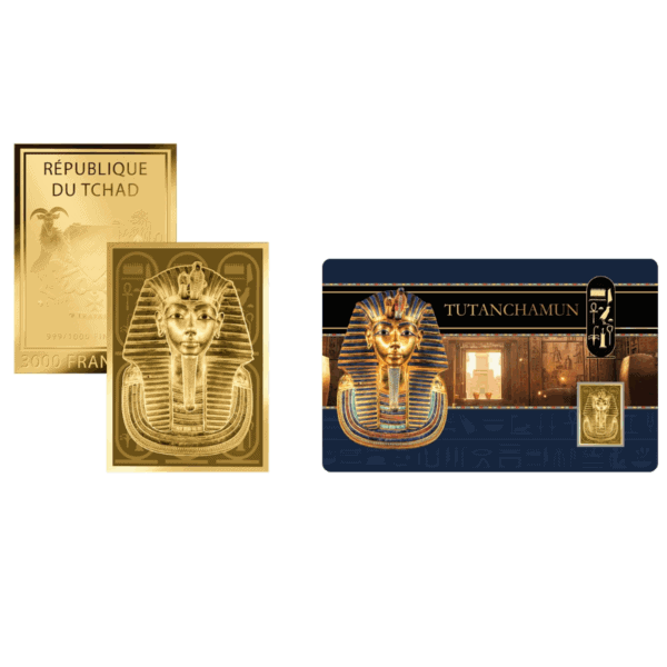 Full product display of 2024 Chad Tutankhamun gold coin featuring pharaoh’s mask, embedded coin, certificate, and Egyptian-themed packaging.