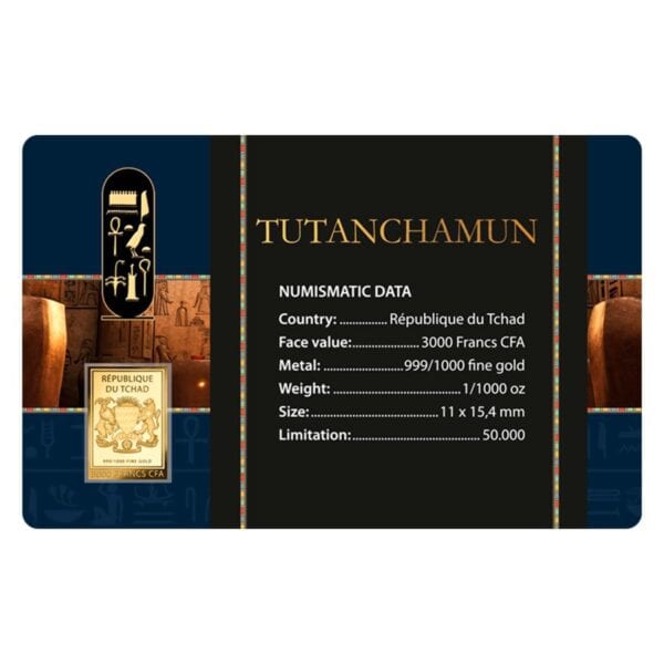 Back card view of 2024 Chad Tutankhamun gold coin featuring pharaoh’s name, coin specifications, and national origin.