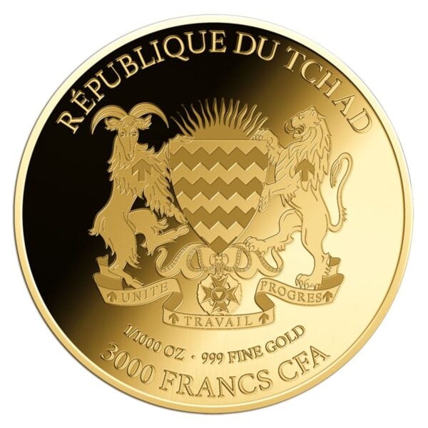 Reverse of 2024 Chad Leo zodiac gold coin featuring national coat of arms with lions, shield, and 10,000 Francs CFA denomination.