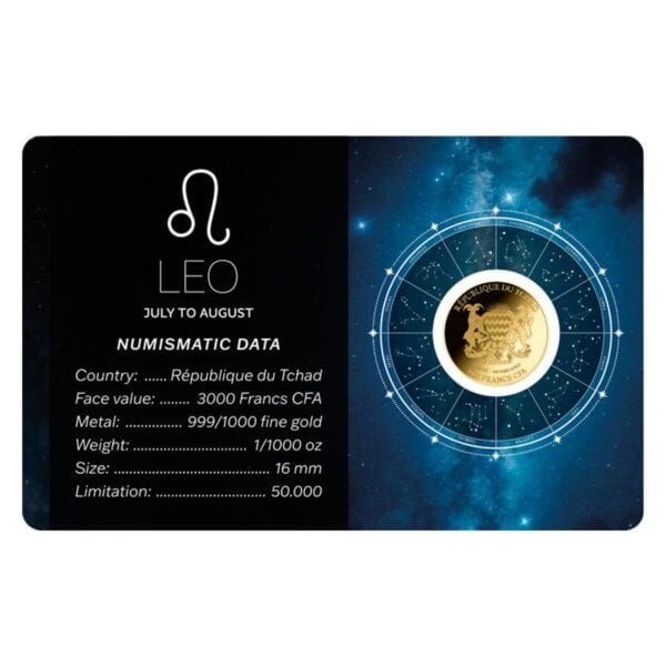 Specification card for 2024 Chad Leo zodiac gold coin featuring celestial background, embedded coin, Leo symbol, and birth date range July 23 – August 22.
