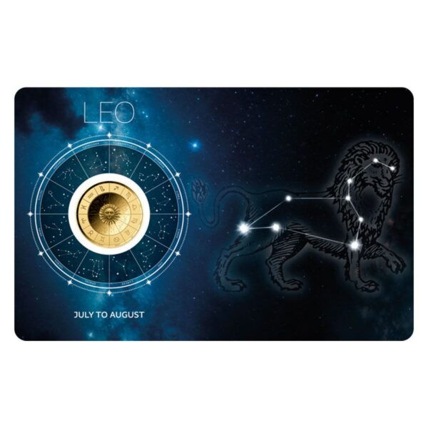 Front card view of 2024 Chad Leo zodiac gold coin featuring constellation lion illustration, zodiac wheel, and birth date range July 24 – August 23.