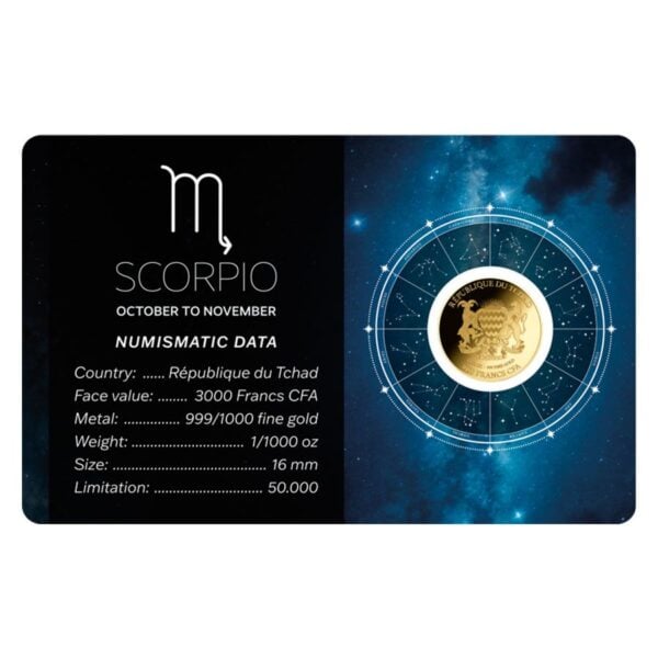 Astrological profile card for 2024 Chad Scorpio gold coin featuring Scorpio symbol, date range, embedded coin, and numismatic specifications.