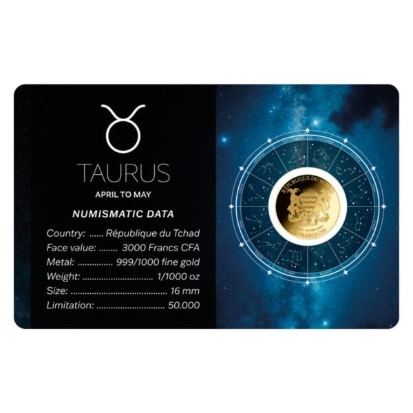 Specification card for 2024 Chad Taurus zodiac gold coin featuring Taurus symbol, zodiac wheel, embedded coin, and celestial background.