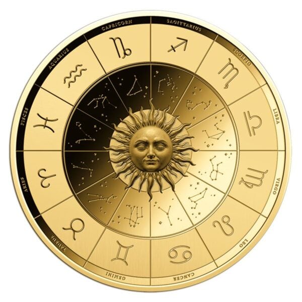 Obverse of 2024 Chad Taurus zodiac gold coin featuring radiant sun at center of twelve-sign zodiac wheel with proof-like finish.