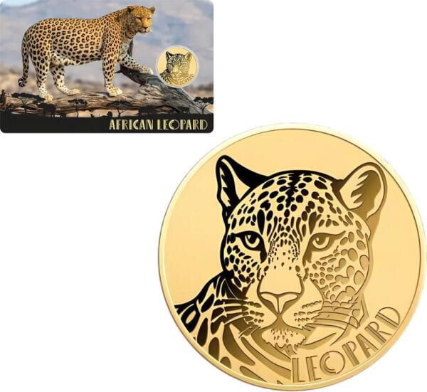 2024 Republic of Chad African Leopard 1/1000oz gold proof‑like coin in assay card with leopard imagery and coin specifications.