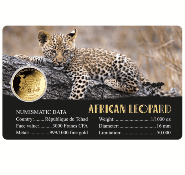 Reverse of African Leopard 1.1oz .999 gold proof‑like coin assay card with leopard photograph and full numismatic specifications.