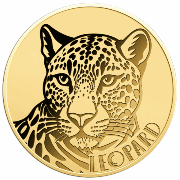 2024 Liberia African Leopard 1/1000oz .999 gold proof‑like coin with detailed leopard face engraving and “Leopard” inscription.