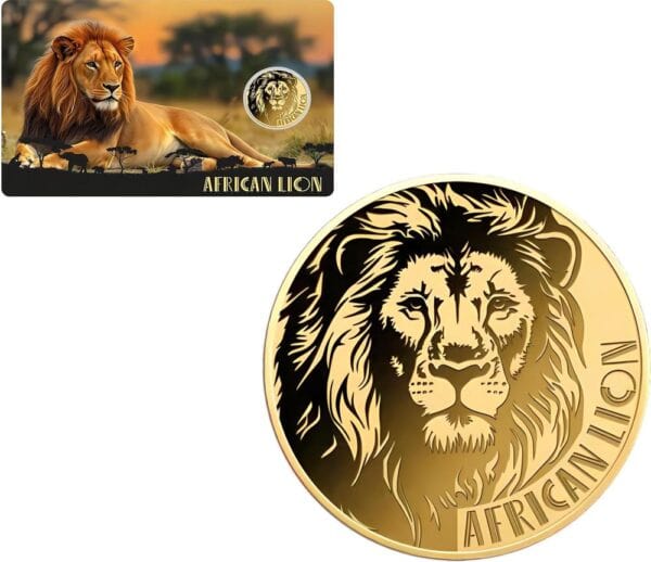 2024 Liberia African Lion 1/1000oz .999 gold proof‑like coin in assay card with lion portrait.