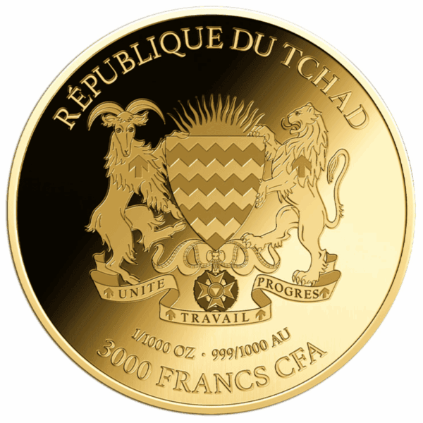 2024 Republic of Chad African Lion 1oz gold proof‑like coin reverse with national coat of arms, denomination, and gold specifications.