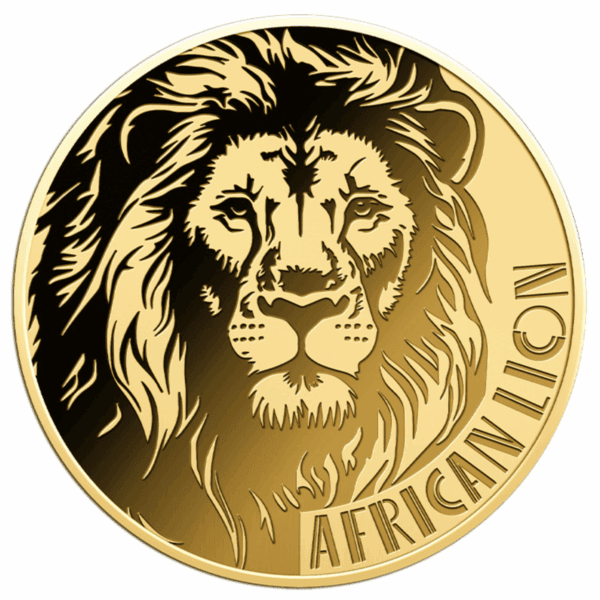 2024 Liberia African Lion 1/1000oz .999 gold proof‑like coin with detailed lion face engraving and “African Lion” inscription.