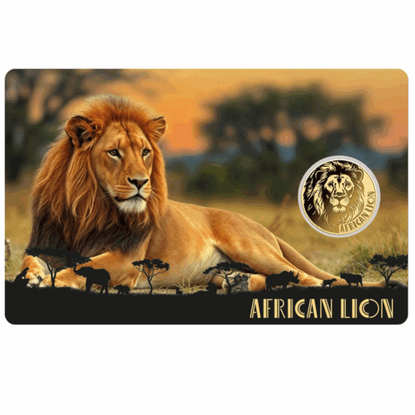 2024 Liberia African Lion 1/1000oz .999 gold proof‑like coin assay card front with lion photograph and coin image.