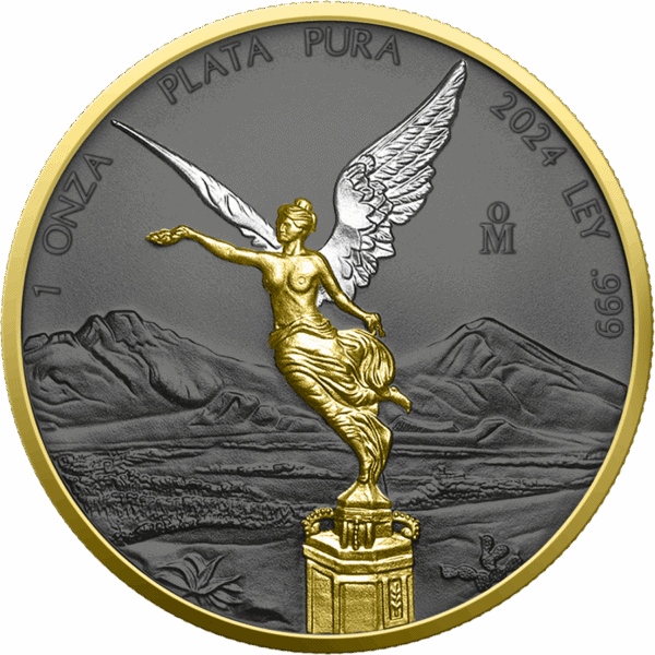 Gold and silver Mexican Libertad coin with detailed mountain landscape background and iconic winged victory figure, ideal for precious metals and rare coin collections.