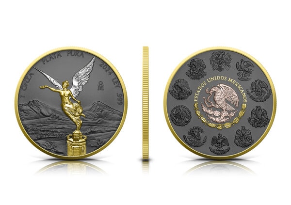 Shiny Mexican Gold Coin featuring the Winged Victory statue with mountain background, showcasing high-quality design and craftsmanship. Great for collectors and investment purposes.