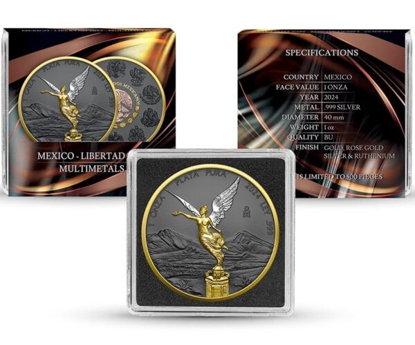 Mexico Libertad multimetal coin featuring a golden angel with outstretched arm, silver and gold accents, set against a mountainous background, in protective display case.