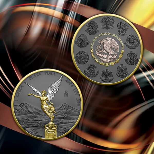 99999 silver and gold Mexican coins with intricate national emblem and angel design, showcasing investment-grade collectible coins for precious metal portfolios.