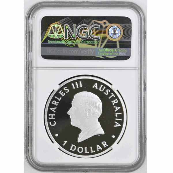 Obverse of 2025 Australia Swan silver proof coin graded NGC PF 70 Ultra Cameo, featuring profile of King Charles III with inscriptions “CHARLES III,” “AUSTRALIA,” and “1 DOLLAR,” in certified holder.