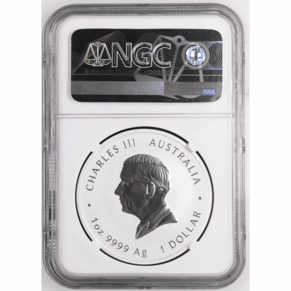 Reverse of 2025 Australian Double Happiness 1oz Silver Coin graded MS 70, featuring Queen Elizabeth II portrait and denomination.