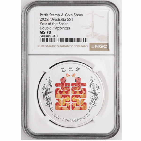 2025 Australian Double Happiness 1oz Silver Coin graded MS 70, Year of the Snake edition, in protective holder.