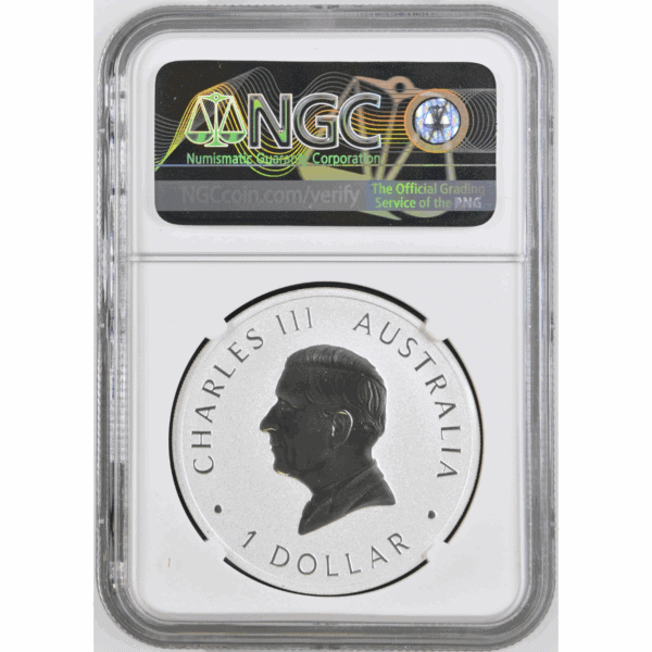 2025 Australia Swan 1 oz silver coin graded NGC MS-70, featuring profile of King Charles III, labeled “AUSTRALIA 1 DOLLAR,” encased in protective holder with certification label.