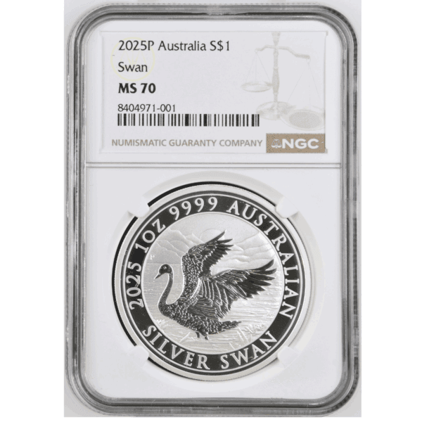 Reverse of 2025 Australia Swan 1 oz silver coin graded NGC MS-70, featuring detailed swan design with inscriptions “2025,” “1 oz,” “9999,” and “AUSTRALIAN SILVER SWAN,” encased in certified holder.