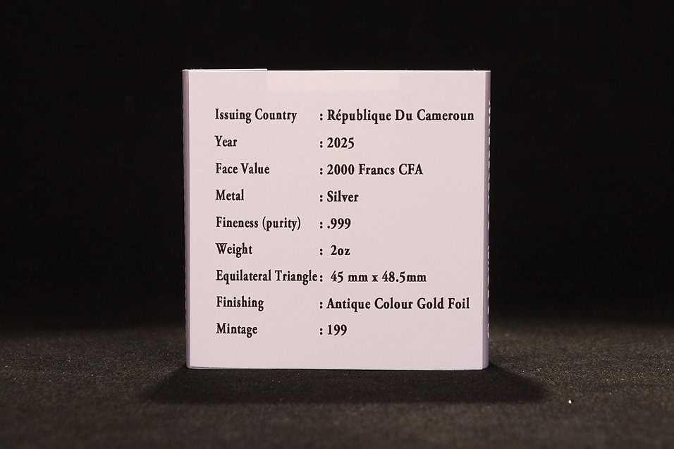 2025 Cameroon silver coin with antique gold foil finish, 2000 Francs CFA face value, 2 oz weight, equilateral triangle shape, and mintage of 199.