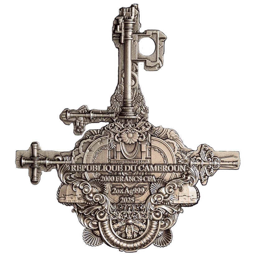 2000 Francs Cameroon collectible silver coin with intricate machinery design, featuring detailed engravings and patriotic motifs, minted in 2023.
