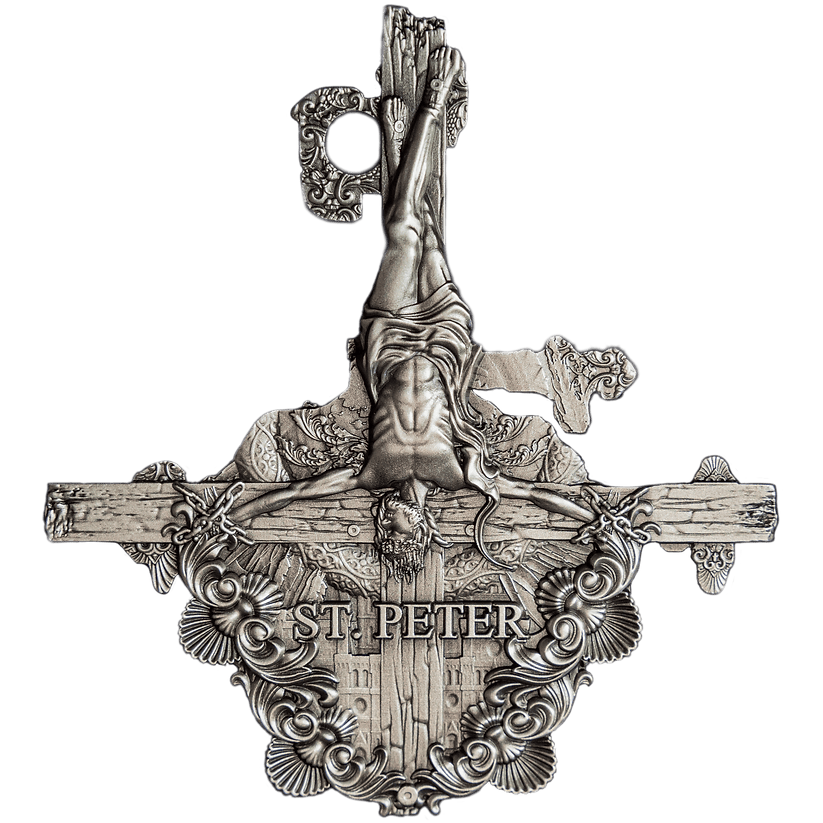 St. Peter silver collectible coin, detailed crucifix and religious iconography, 2023, Vatican City.