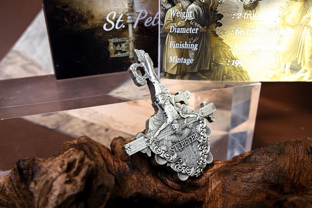 St. Peter silver collectible coin with religious imagery, detailed craftsmanship, and a vintage finish. Perfect for collectors seeking religious and historical memorabilia.