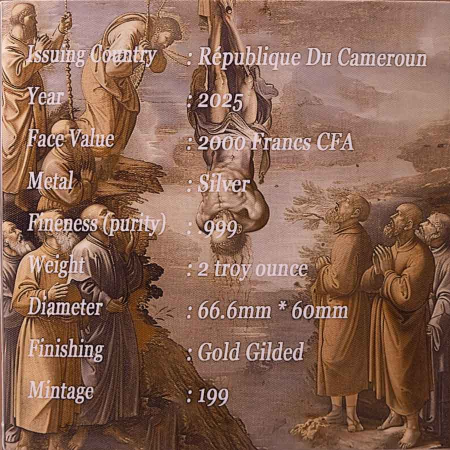 2025 Cameroon silver 2000 Francs CFA Jesus Christ Crucifixion collectible coin with gold gilded finishing and 2 troy ounce weight.