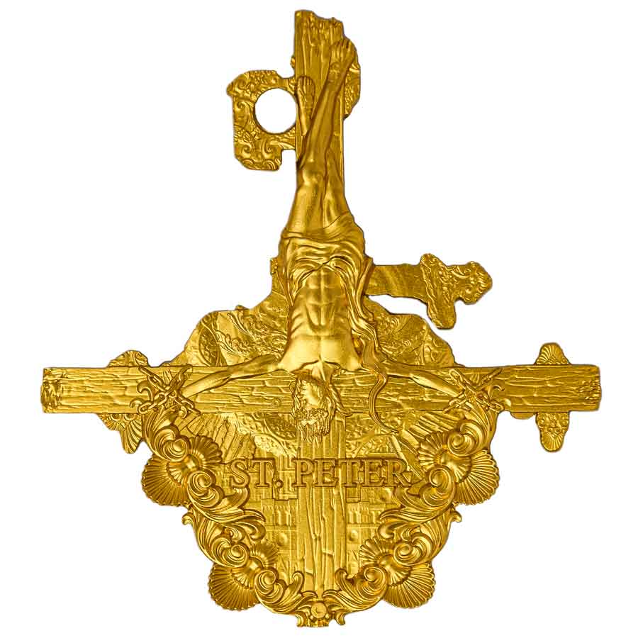 Gold religious medal featuring St. Peter with a detailed cross and inscription.