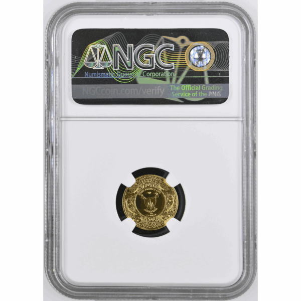 Reverse of 2025 Cameroon Durga 1g gold coin featuring ornate depiction of Hindu goddess Durga, graded NGC PF 70 Ultra Cameo, with intricate detailing and certified holder.