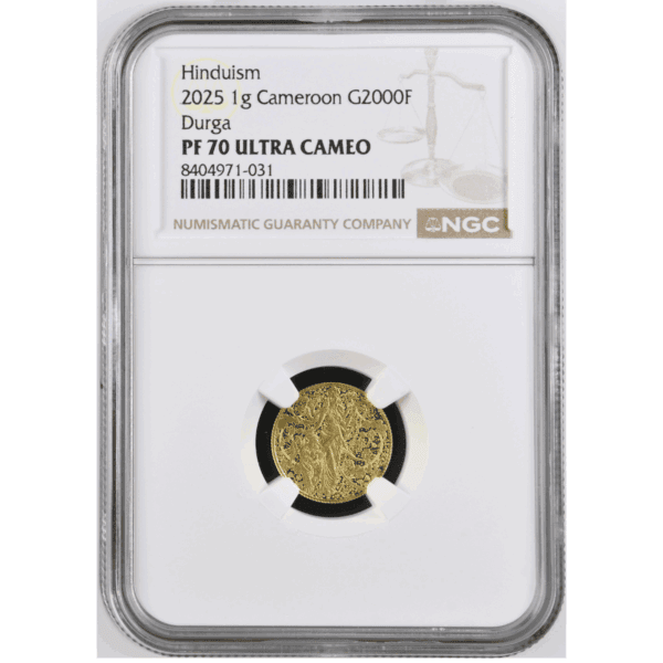 2025 Cameroon Durga 1g gold coin graded NGC PF 70 Ultra Cameo, featuring Hindu goddess Durga in ornate design, certified holder with “Hinduism” label and gold proof finish.
