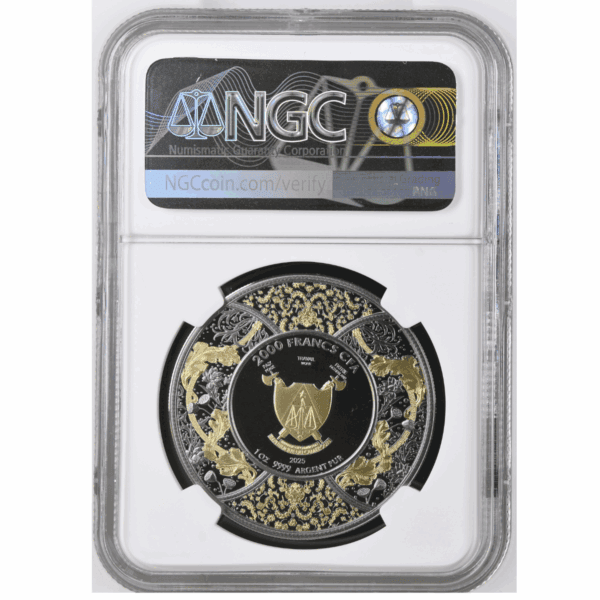 Reverse of 2025 Cameroon Durga silver coin with dark ruthenium and gold gilding, graded NGC PF 70 Ultra Cameo, featuring ornate depiction of Hindu goddess Durga with intricate patterns and certified holder.