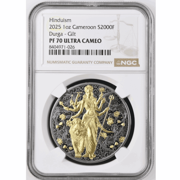 2025 Cameroon Durga 1 oz silver coin with dark ruthenium and gold accents, graded NGC PF 70 Ultra Cameo, featuring ornate depiction of Hindu goddess Durga in certified holder.