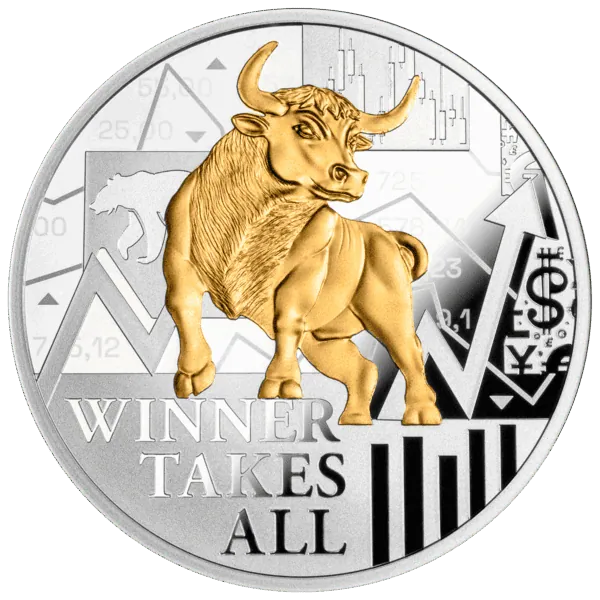 2025 Cameroon Winner Takes All 17.50 g Silver Digital Printed Proof Coin featuring golden bull design with geometric background.