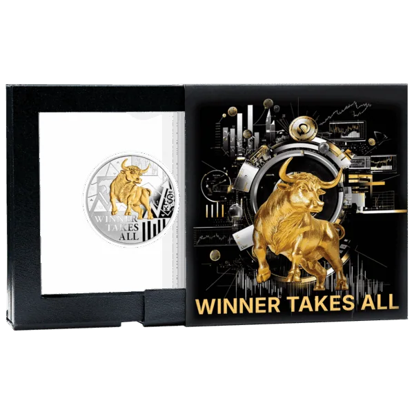 Packaging for 2025 Cameroon Winner Takes All 17.50 g Silver Digital Printed Proof Coin featuring bull and bear design.