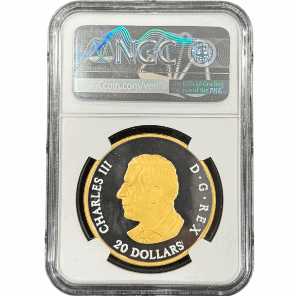 2025 Canada Animal Portraits Elk 1 oz Silver Gilded Proof Coin reverse side featuring King Charles III effigy and 20-dollar denomination.