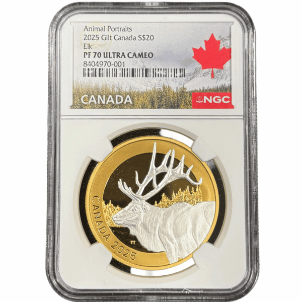 2025 Canada Animal Portraits Elk 1 oz Silver Gilded Proof Coin obverse featuring detailed elk design with gold accents in NGC PF 70 UCAM holder.