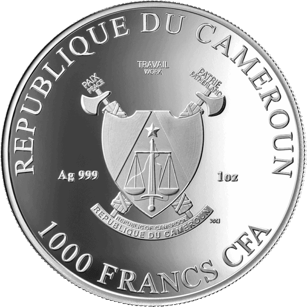 Reverse of 2025 Cameroon silver proof coin featuring national coat of arms with shield, crossed fasces, and banner, inscribed “République du Cameroun,” “Ag 999,” “1 oz,” and “1000 Francs CFA.”