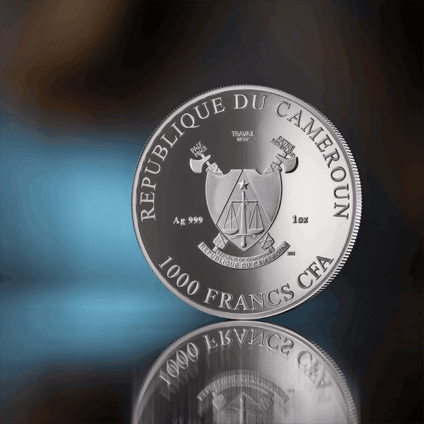 Reverse of 2025 Cameroon silver proof coin featuring The Three Graces, national inscription “République du Cameroun,” denomination “1000 Francs CFA,” and mirrored surface reflection.
