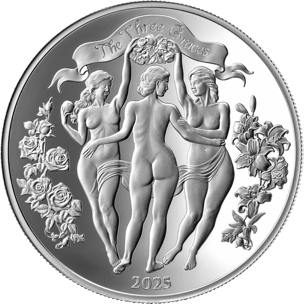 Obverse of 2025 Cameroon silver proof coin featuring The Three Graces in neoclassical pose, backs turned and arms interlinked, surrounded by floral motifs and inscribed with “2025.”