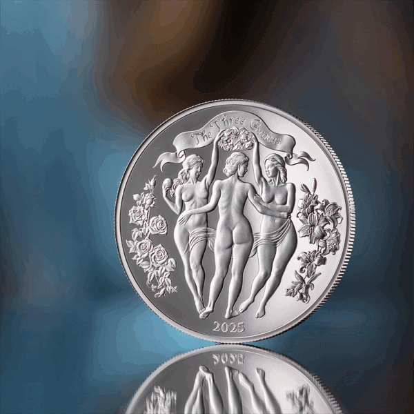 Obverse of 2025 Cameroon silver proof coin featuring The Three Graces in classical attire, surrounded by floral detailing, inscribed with “The Three Graces” and “2025,” displayed upright with mirrored reflection.