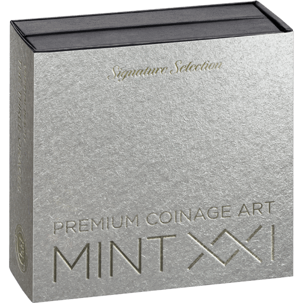 Collector box for 2025 Celestial Beauty: The Three Graces silver proof coin, labeled “Signature Selection” and “Premium Coinage Art Mint XXI,” with silver finish and elegant typography.