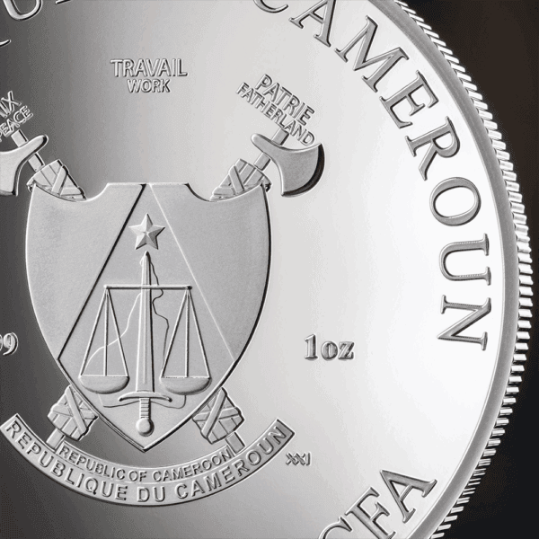 Reverse of 2025 Cameroon silver proof coin featuring national coat of arms, purity “1 oz,” and denomination “1000 Francs CFA,” with “République du Cameroun” inscription.