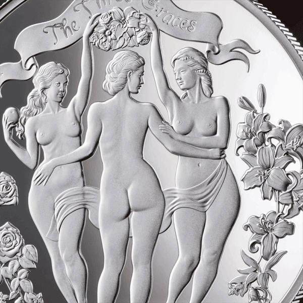 Zoomed obverse of 2025 Cameroon silver proof coin featuring The Three Graces in neoclassical style, with ornate floral detailing and high-relief engraving.